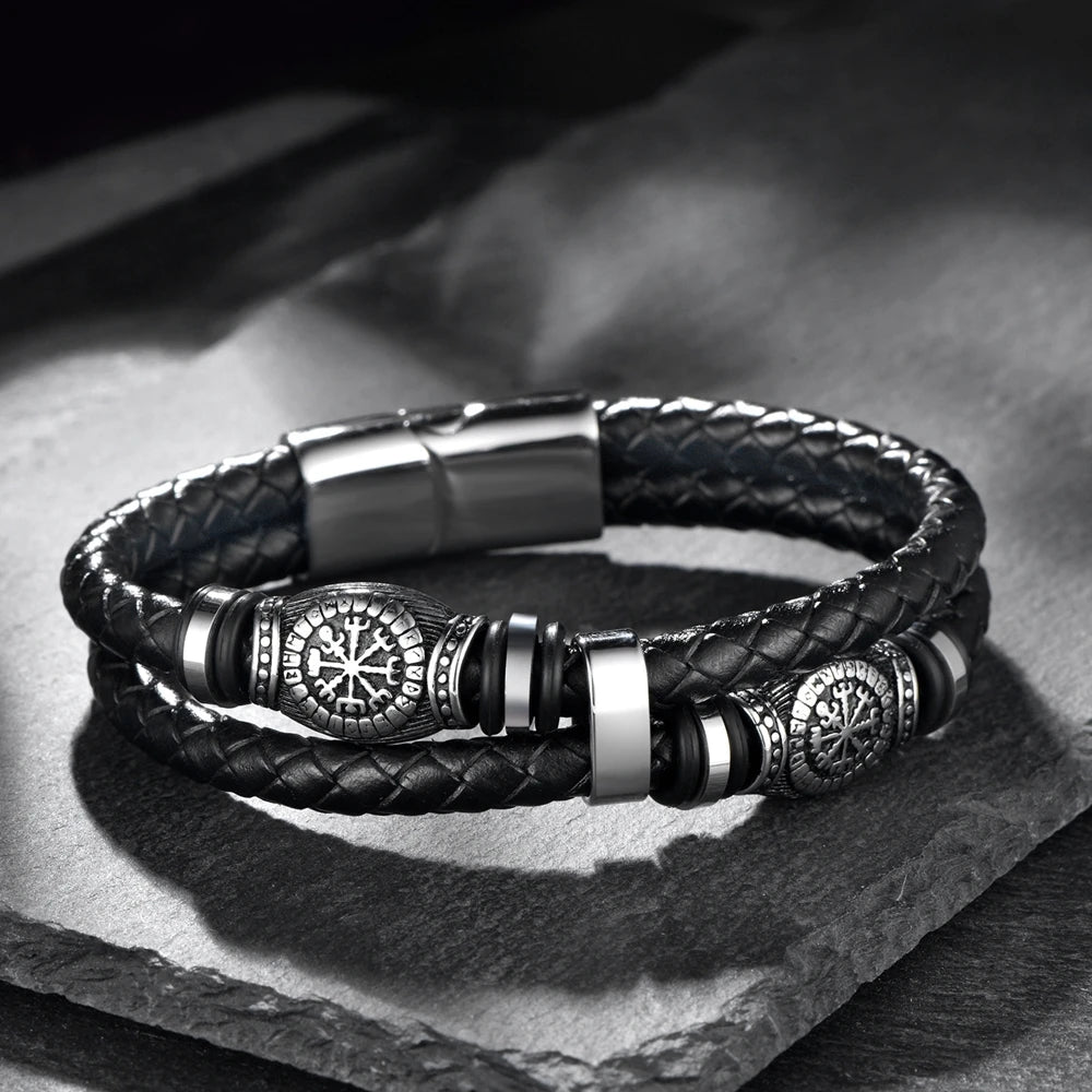 Viking Compass Rune Beaded Leather Bracelet | Viking Warriors