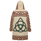 A hooded long-sleeve top shown from the back, featuring a cream base with terracotta Celtic knot borders and a large dark green triquetra symbol in the center.