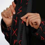 Viking Rune Cloak — Red Norse Runes Hooded Zipper Coat