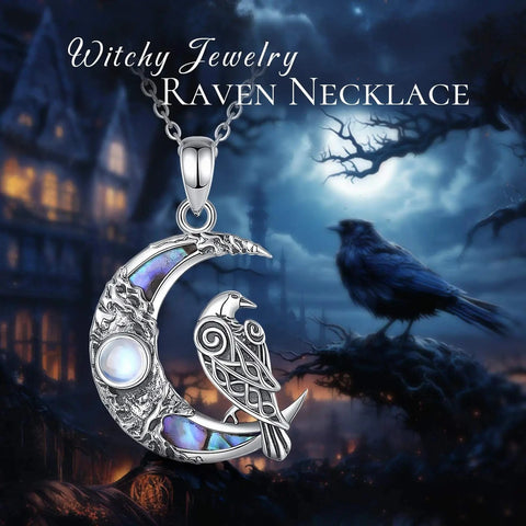 925 Sterling Silver Abalone Shell Raven Moon Necklace Viking Warriors