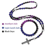 Necklace with beads labeled 'Amethyst Jade', 'Lapis Lazuli Jade', and 'Black Onyx' on a white background.