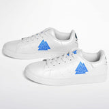 A pair of white leather low-top sneakers with a blue geometric triangle logo on the side, displayed on a clean white background.