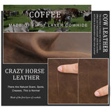 Collage of cowhide leather with text on coffee color and crazy horse texture.