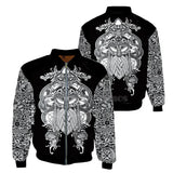 Black bomber jacket with intricate silver designs on a white background