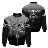 Viking-themed bomber jacket with intricate designs on a white background