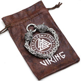 Silver Viking pendant on a brown drawstring bag with 'Viking' text.