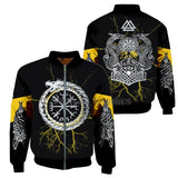 Black bomber jacket with white and yellow designs featuring symbols and patterns on a white background.