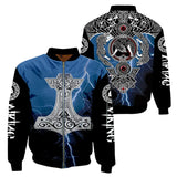 Viking-themed jacket with blue and black design on a white background