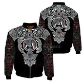 Black bomber jacket with intricate white and red patterns on a white background