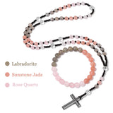 Beaded necklace with cross pendant on a white background, featuring Labradorite, Sunstone Jade, and Rose Quartz.