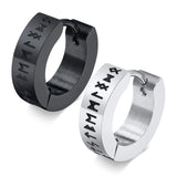 Black and silver hoop earrings with engraved Rune symbols on a white background