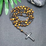 Tiger Eye Stone Beaded Cross Rosary Necklace