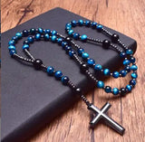 Tiger Eye Stone Beaded Cross Rosary Necklace