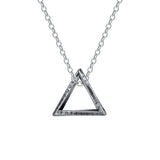 Silver triangle pendant necklace on a white background