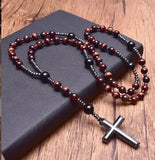 Tiger Eye Stone Beaded Cross Rosary Necklace