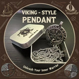 Viking-style pendant with chain in a tin box on a dark background