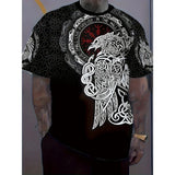 Black t-shirt with white and red graphic design of viking ravens  on a dark background.