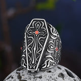 Gothic Coffin Ring with Red Stone