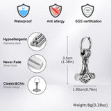 Silver hammer-shaped pendant with certification logos and product features on a white background