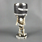 Decorative goblet with a skeleton design and text on a white background