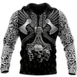 Hoodie with Viking design featuring skulls and axes on a black background