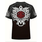 Black t-shirt with a white and red graphic design on a white background