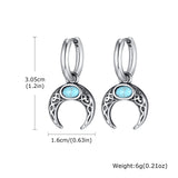 Silver crescent moon earrings with blue gemstones and measurements on a white background