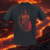 Black t-shirt with a red and gold graphic design on a white background