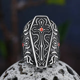 Gothic Coffin Ring with Red Stone