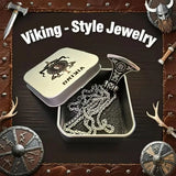 Viking-style jewelry set with a decorative box on a dark background with Viking-themed decorations.