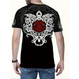 Black t-shirt with intricate white ravens design on a plain background