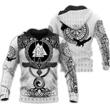 White hoodie with black tribal designs and symbols on a white background