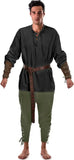 Man wearing a medieval costume with a black shirt, green pants, and brown belt.