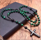Tiger Eye Stone Beaded Cross Rosary Necklace