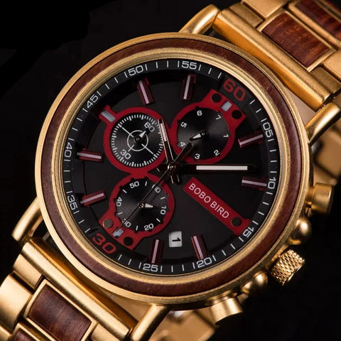 wooden watch with gold and wood accents on a dark background