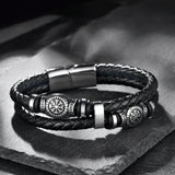 Viking Compass Rune Beaded Leather Bracelet