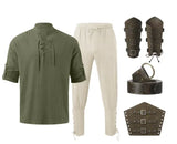 Green shirt, beige pants, and brown armor pieces on a white background