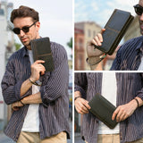 Man holding a black leather wallet with close-up shots of the product.