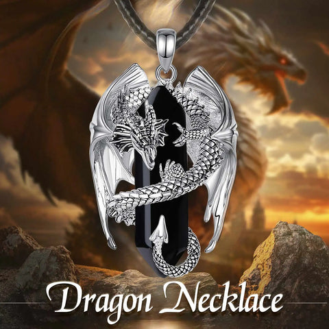 Dragon necklace with a dragon in the background