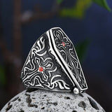 Gothic Coffin Ring with Red Stone