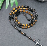 Tiger Eye Stone Beaded Cross Rosary Necklace