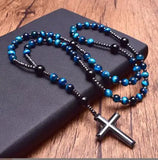Tiger Eye Stone Beaded Cross Rosary Necklace