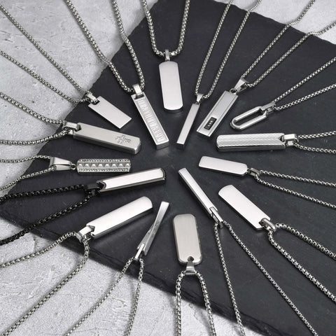 Silver Stainless Steel Bar Tag Necklaces