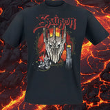 Black t-shirt with a graphic design featuring a skull and flames on a white background