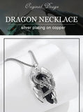 Dragon necklace with silver plating on copper displayed against a dragon-themed background.
