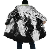 Black and white patterned coat with feather details on a white background