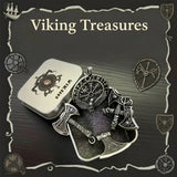 Viking-themed jewelry set with a tin labeled 'Viking Treasures' on a dark background.