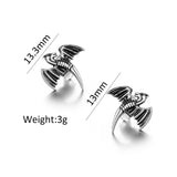 Bat-shaped earrings with measurements and weight on a white background