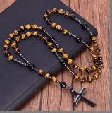 Tiger Eye Stone Beaded Cross Rosary Necklace
