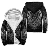 Black zip-up hoodie with a white sherpa lining, featuring intricate white Norse-style runic knotwork and Viking designs on the front and back.